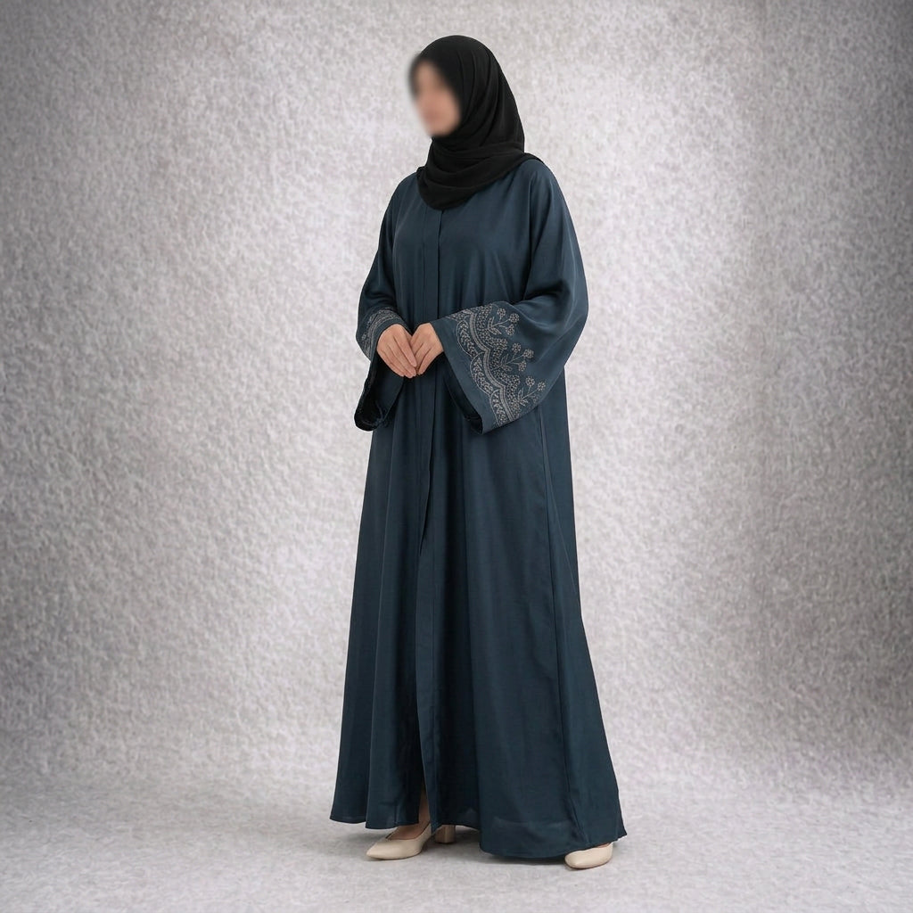Midnight Grace – Deep Teal Blue Embroidered Abaya