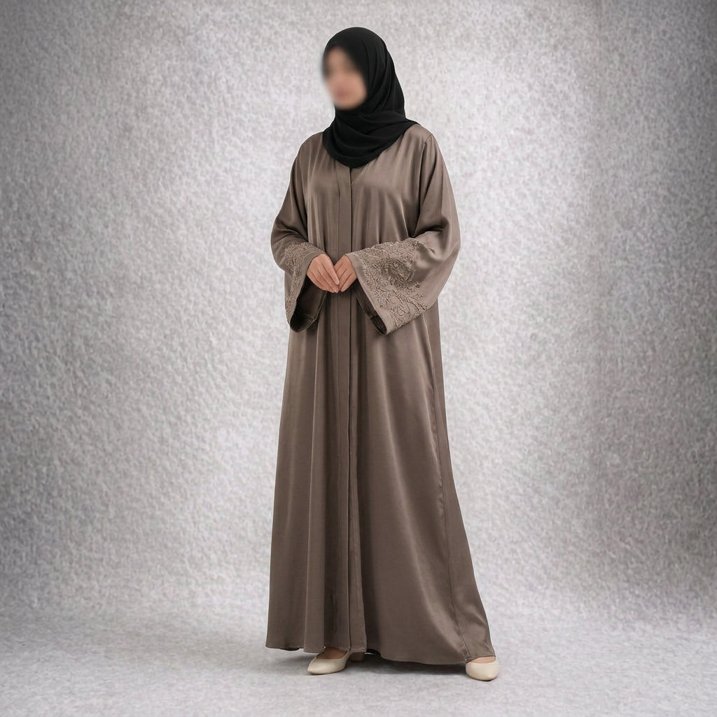 Taupe Radiance – Earthy Grey-Brown Embroidered Abaya